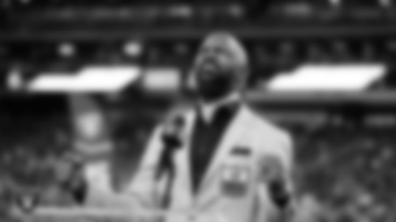 Las Vegas Raiders Hall of Famer, Charles Woodson, speaks after being presented with the Ring of Excellence before the Las Vegas Raiders regular season home game against the Kansas City Chiefs.