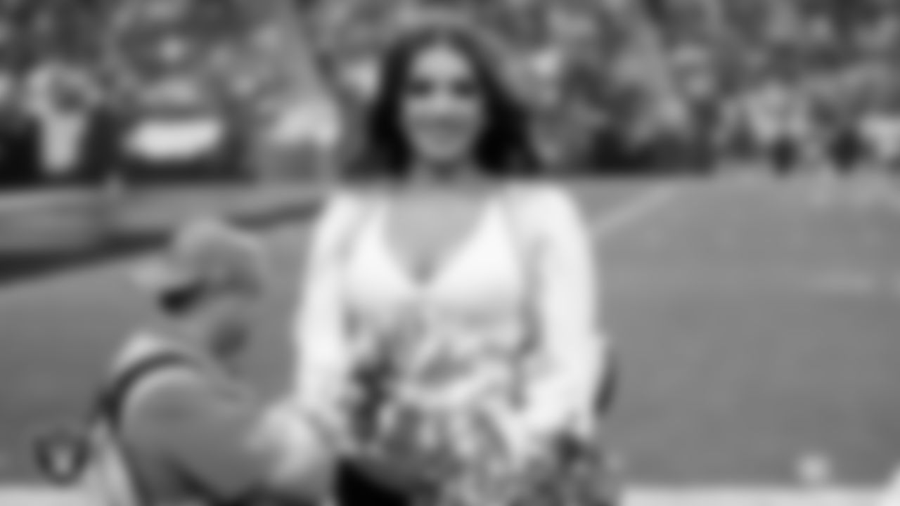 Raiderette Makenna Z. on the sidelines during the regular season home game against the Los Angeles Chargers at Allegiant Stadium.