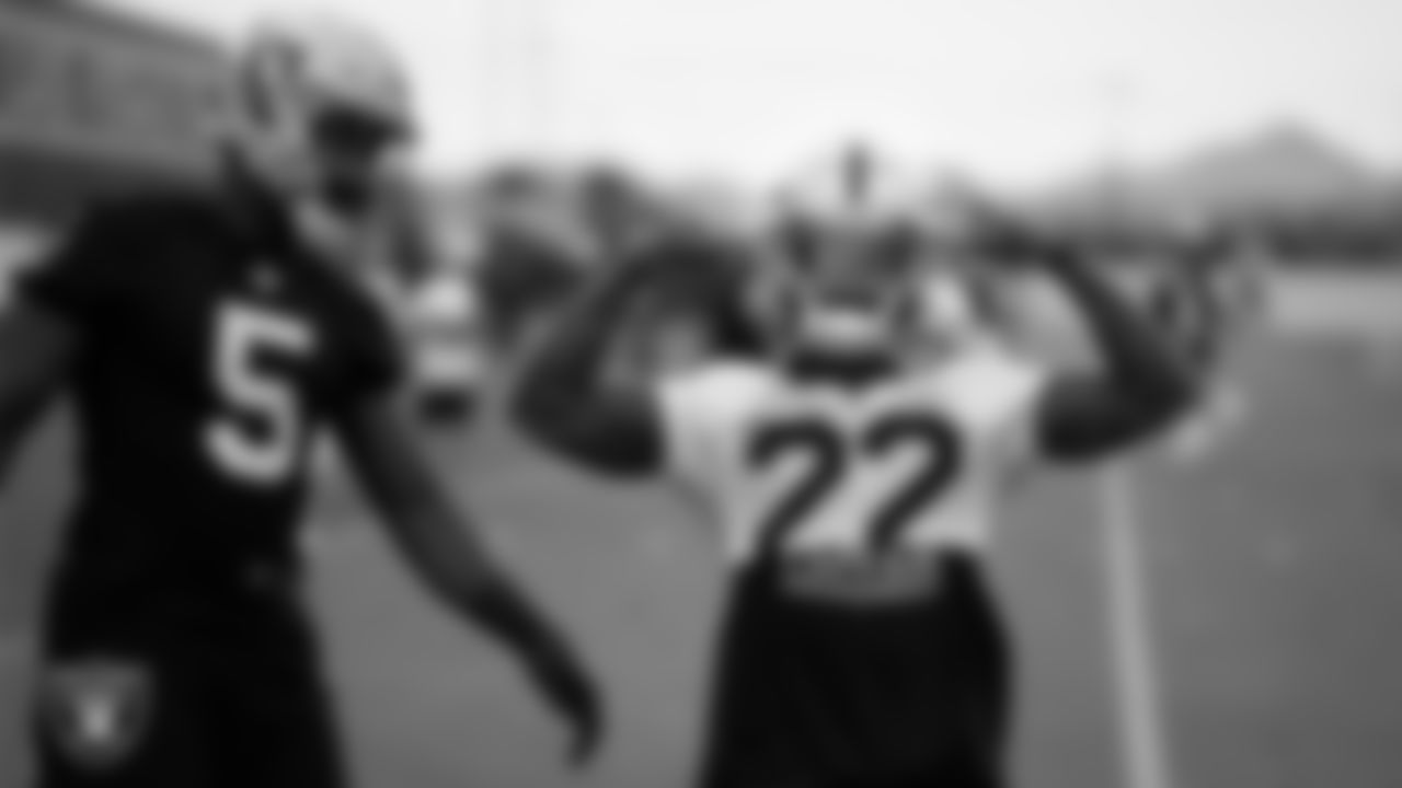 Las Vegas Raiders linebacker Divine Deablo (5) and running back Ameer Abdullah (22) during mandatory minicamp at Intermountain Health Performance Center.