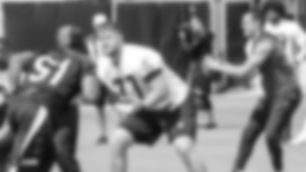 Oakland Raiders outside linebacker Bruce Irvin (51), offensive tackle Kolton Miller (77), and quarterback Derek Carr (4) at an Organized Team Activity (OTA) at the Oakland Raiders Practice Facility, Wednesday, June 6, 2018, in Alameda, California.
