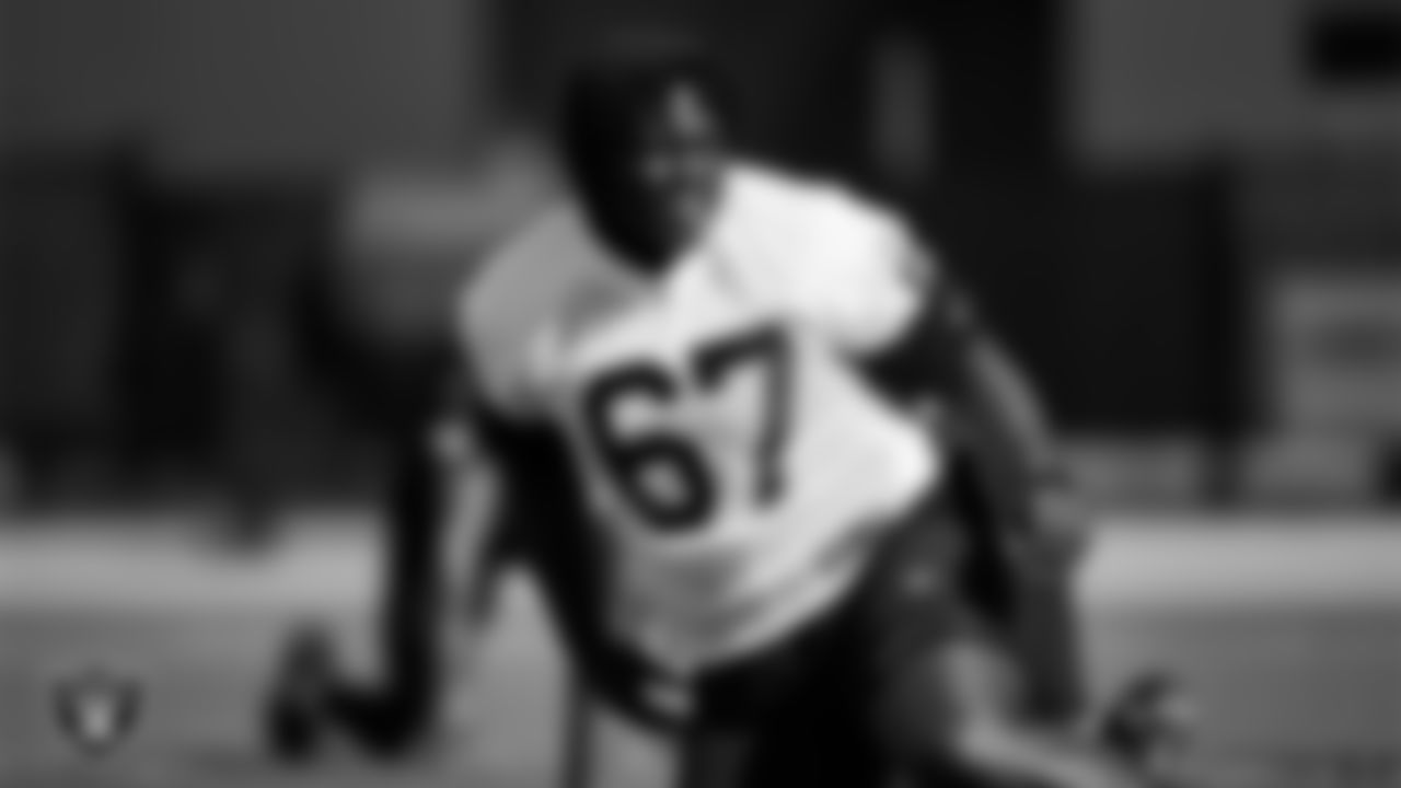 Las Vegas Raiders guard Lester Cotton Sr. (67) at a workout during phase two of the offseason program.