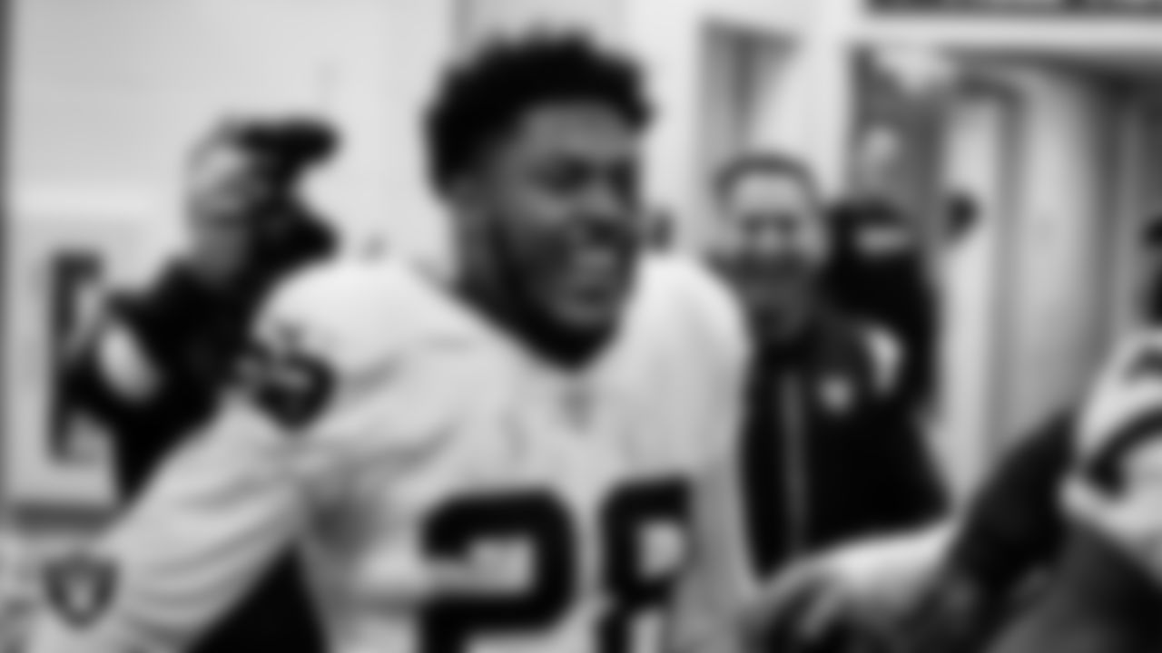 Las Vegas Raiders running back Josh Jacobs (28) in the locker room after the regular season away game against the Seattle Seahawks at Lumen Field.