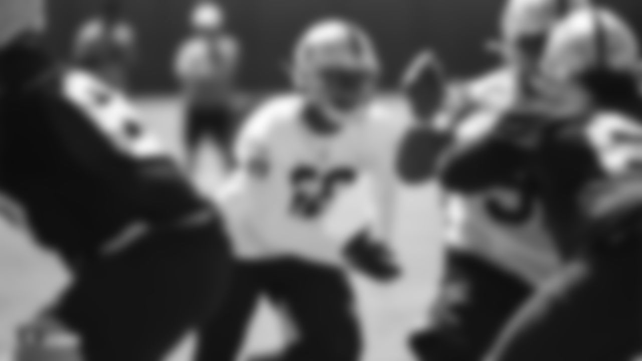 Raiders linebacker Justin Phillips (56) on the field for practice.