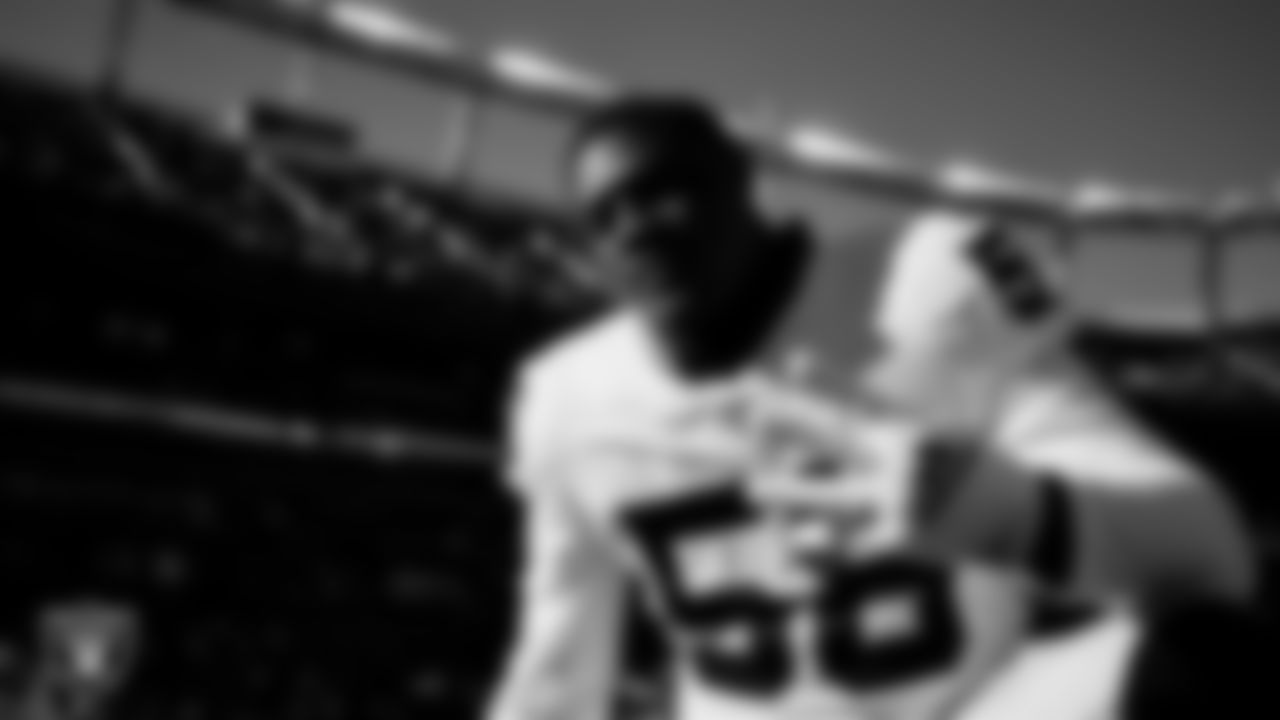 Las Vegas Raiders linebacker Darien Butler (58) warming up before the regular season away game against the Denver Broncos at Empower Field at Mile High.