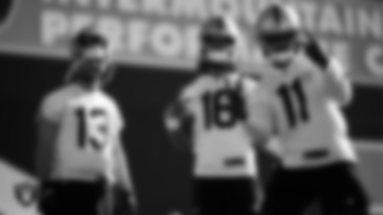 Las Vegas Raiders wide receiver Hunter Renfrow (13), wide receiver Jakobi Meyers (16) and wide receiver Phillip Dorsett (11) on the field for practice at 2023 Training Camp at Intermountain Health Performance Center.