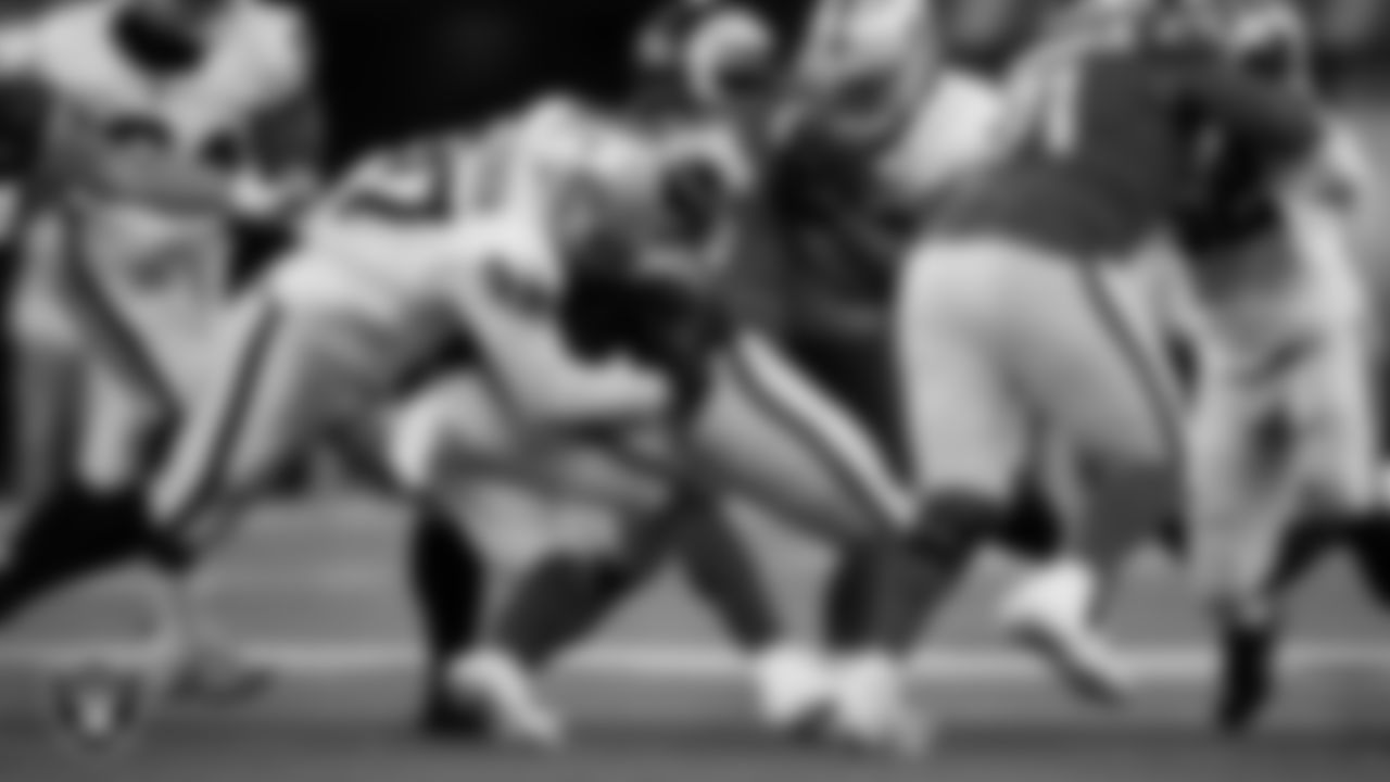 Las Vegas Raiders defensive tackle Nesta Jade Silvera (97) makes a tackle during the preseason away game against the Los Angeles Rams at Sofi Stadium.