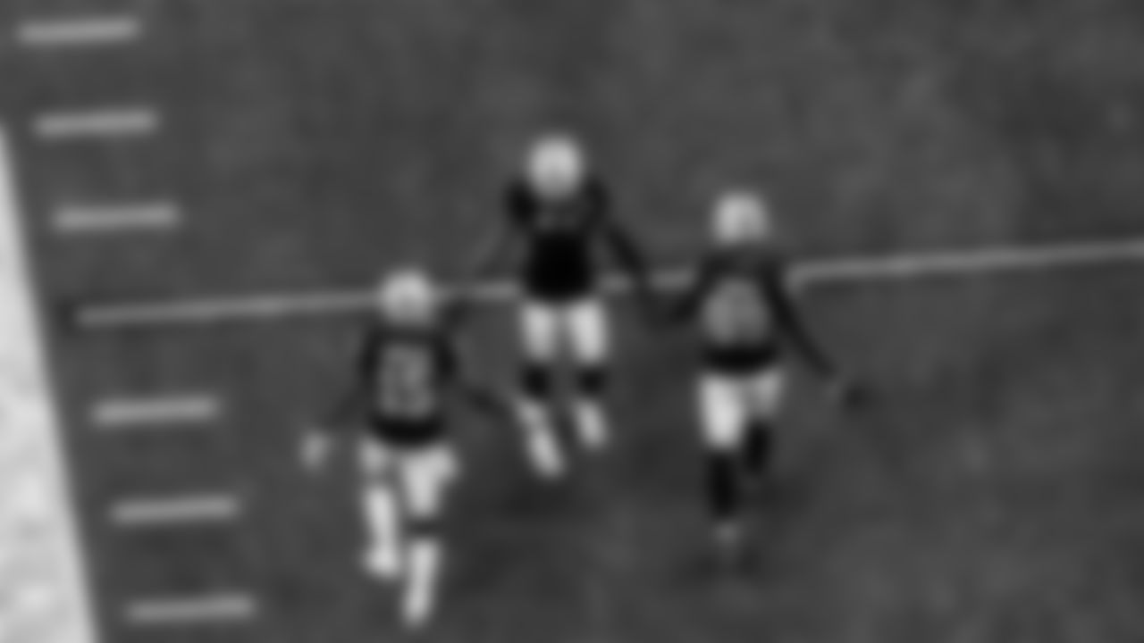 Las Vegas Raiders wide receiver Nelson Agholor (15), wide receiver Henry Ruggs III (11) and wide receiver Bryan Edwards (89) warming up before the regular season home game against the Indianapolis Colts.