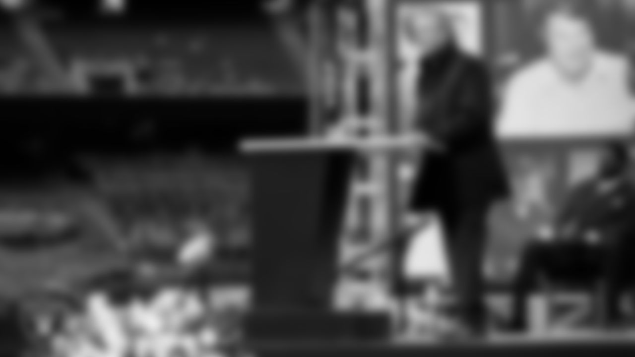 Fox Sports television reporter Tom Rinaldi speaks during a memorial in celebration of Las Vegas Raiders Hall of Famer John Madden's life.