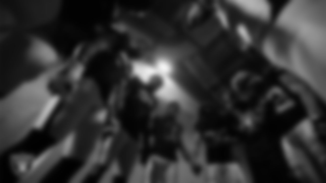 The Las Vegas Raiders defensive backs huddle in the tunnel before the regular season away game against the Dallas Cowboys.