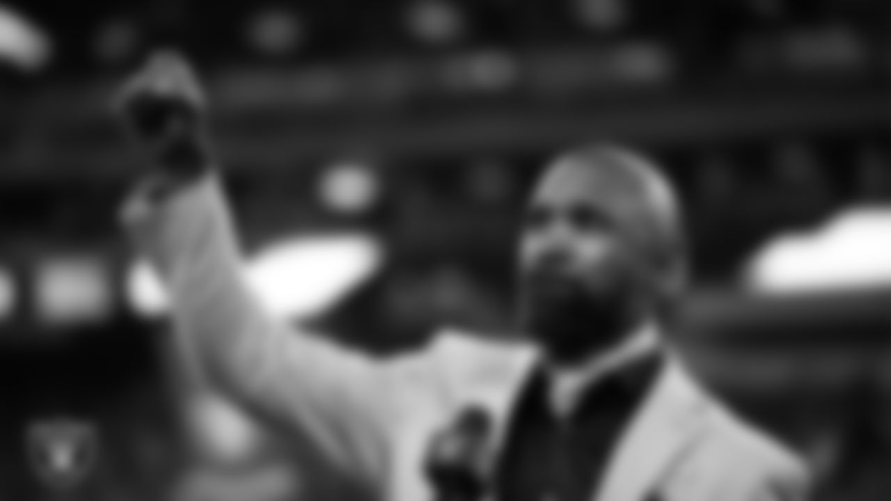 Las Vegas Raiders Hall of Famer, Charles Woodson, speaks after being presented with the Ring of Excellence before the Las Vegas Raiders regular season home game against the Kansas City Chiefs.