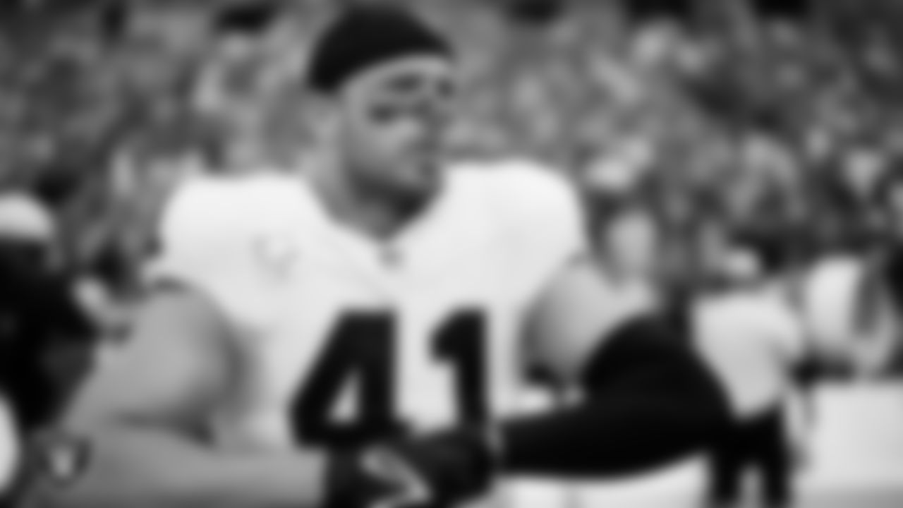 Las Vegas Raiders linebacker Robert Spillane (41) on the sidelines before the Las Vegas Raiders' regular season away game against the Buffalo Bills at Highmark Stadium.