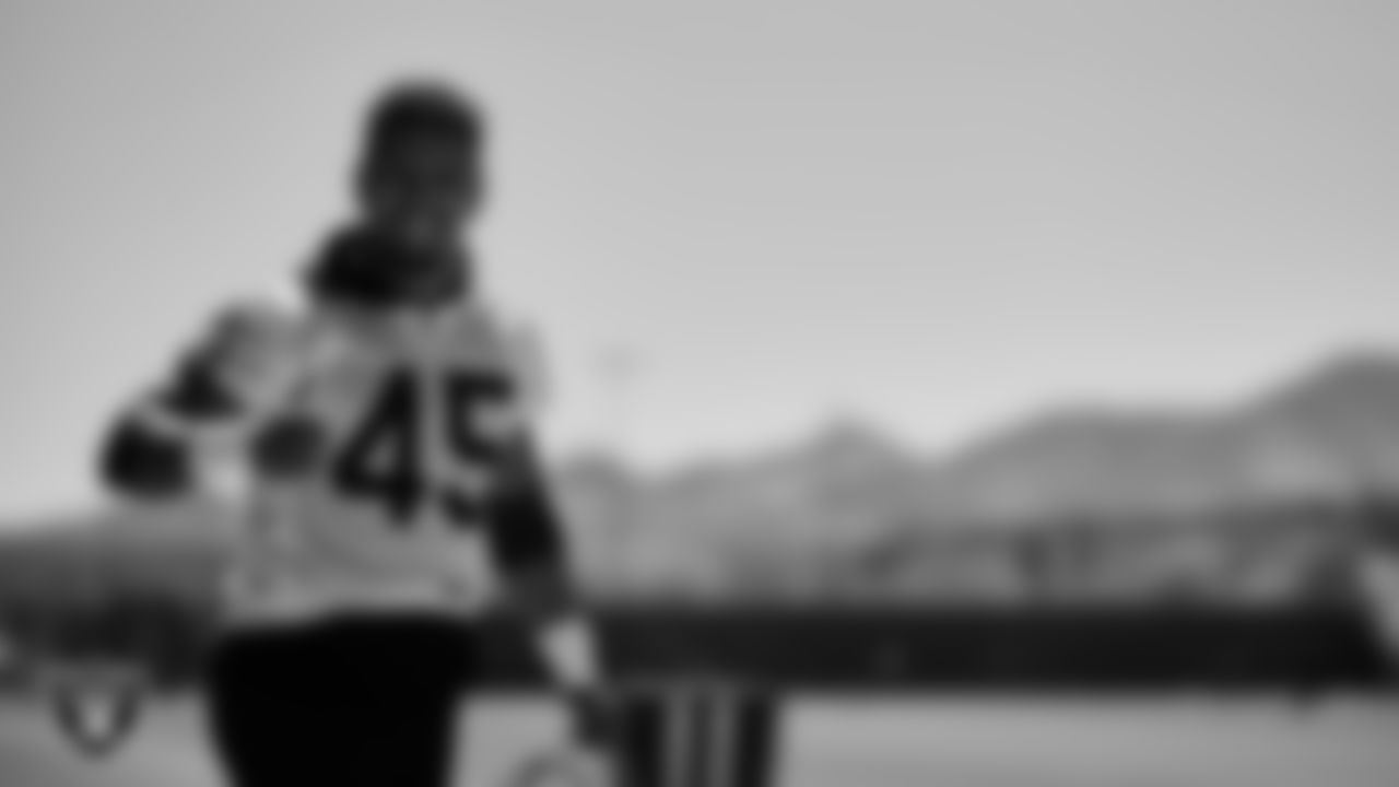 Las Vegas Raiders fullback Jakob Johnson (45) at an Organized Team Activity (OTA).