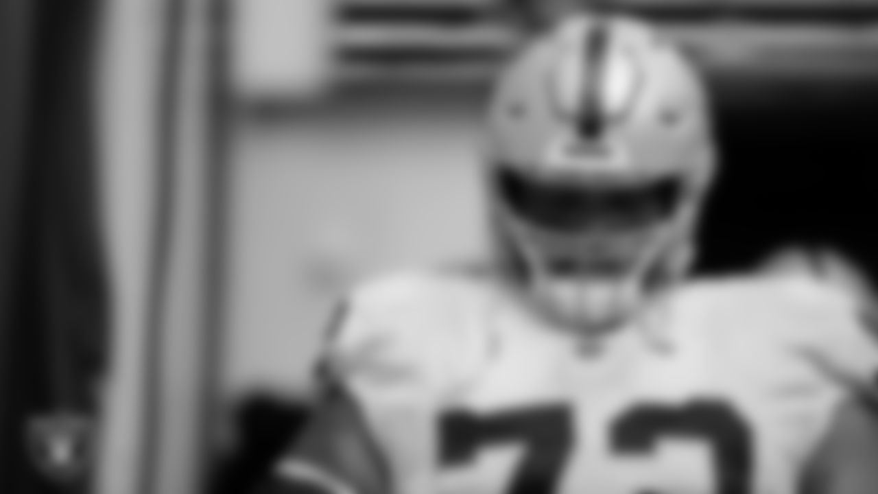 Las Vegas Raiders offensive lineman Jermaine Eluemunor (72) waits to take the field before the regular season away game against the Jacksonville Jaguars at TIAA Bank Field.