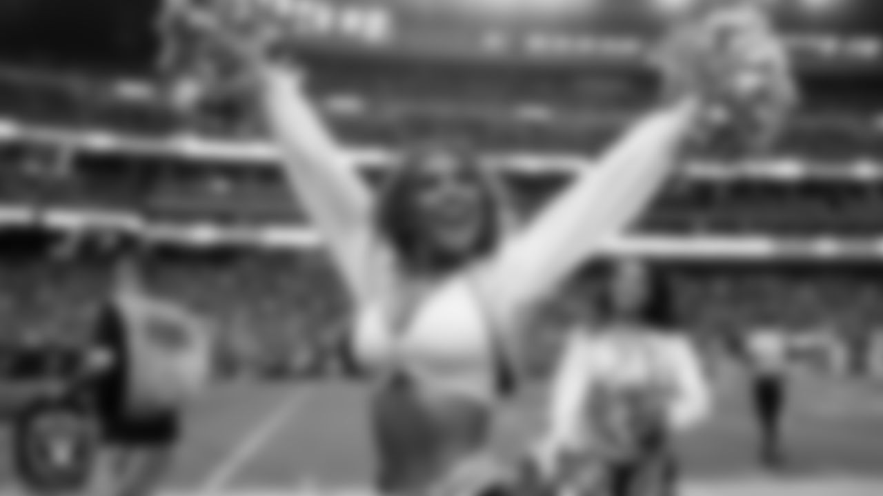 Raiderette Bree on the sidelines before the regular season home game against the San Francisco 49ers at Allegiant Stadium.