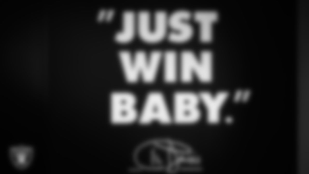 Signage in the locker room prior to the Las Vegas Raiders' arrival for their regular season home game against the New England Patriots at Allegiant Stadium.