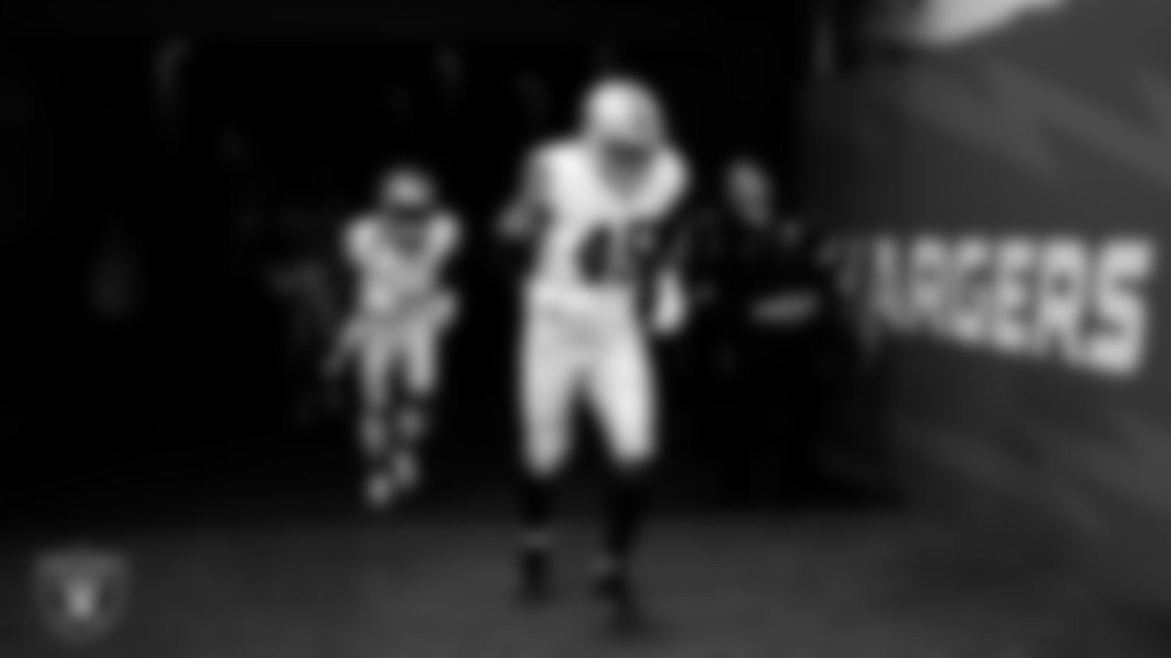 Las Vegas Raiders fullback Jakob Johnson (45) walks down the tunnel before the regular season away game against the Los Angeles Chargers at SoFi Stadium.