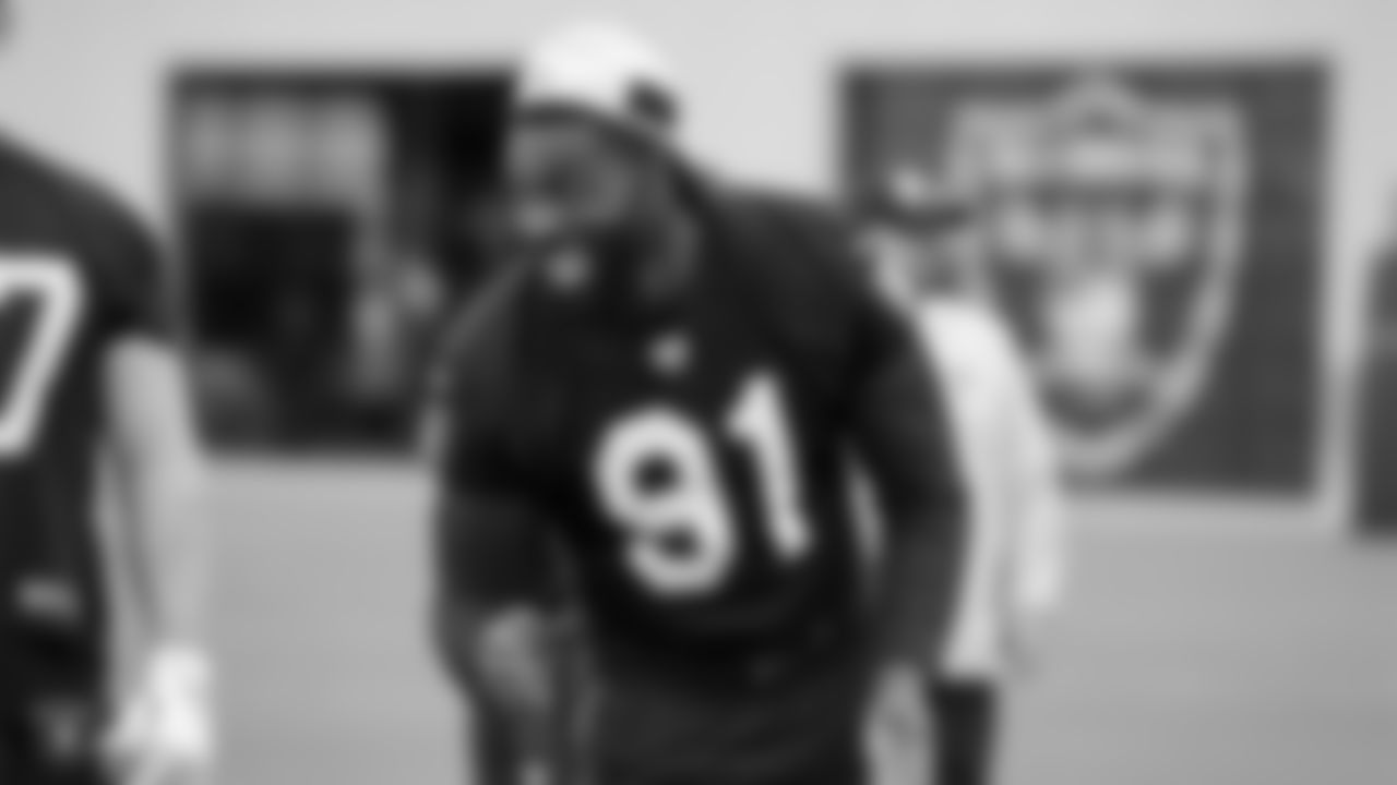 Raiders defensive end Benson Mayowa (91) at an Organized Team Activity (OTA) at the Raiders Practice Facility in Alameda, Calif.