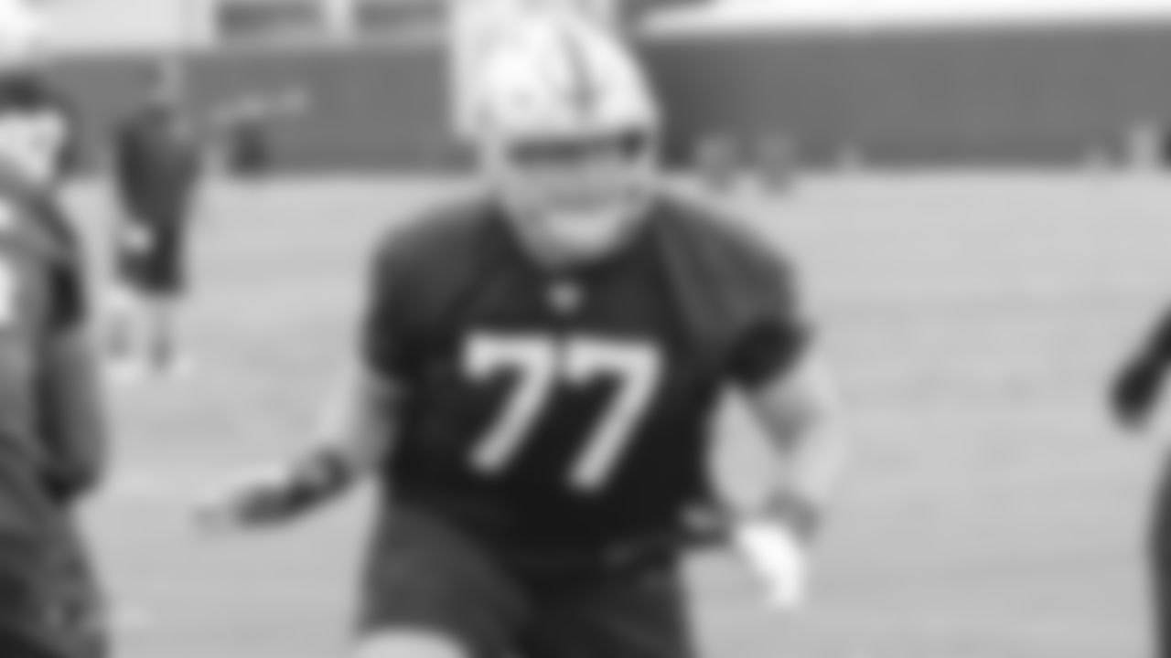 Oakland Raiders tackle Kolton Miller (77) on the field for practice at the Oakland Raiders Practice Facility, Wednesday, December 5, 2018, in Alameda, California.