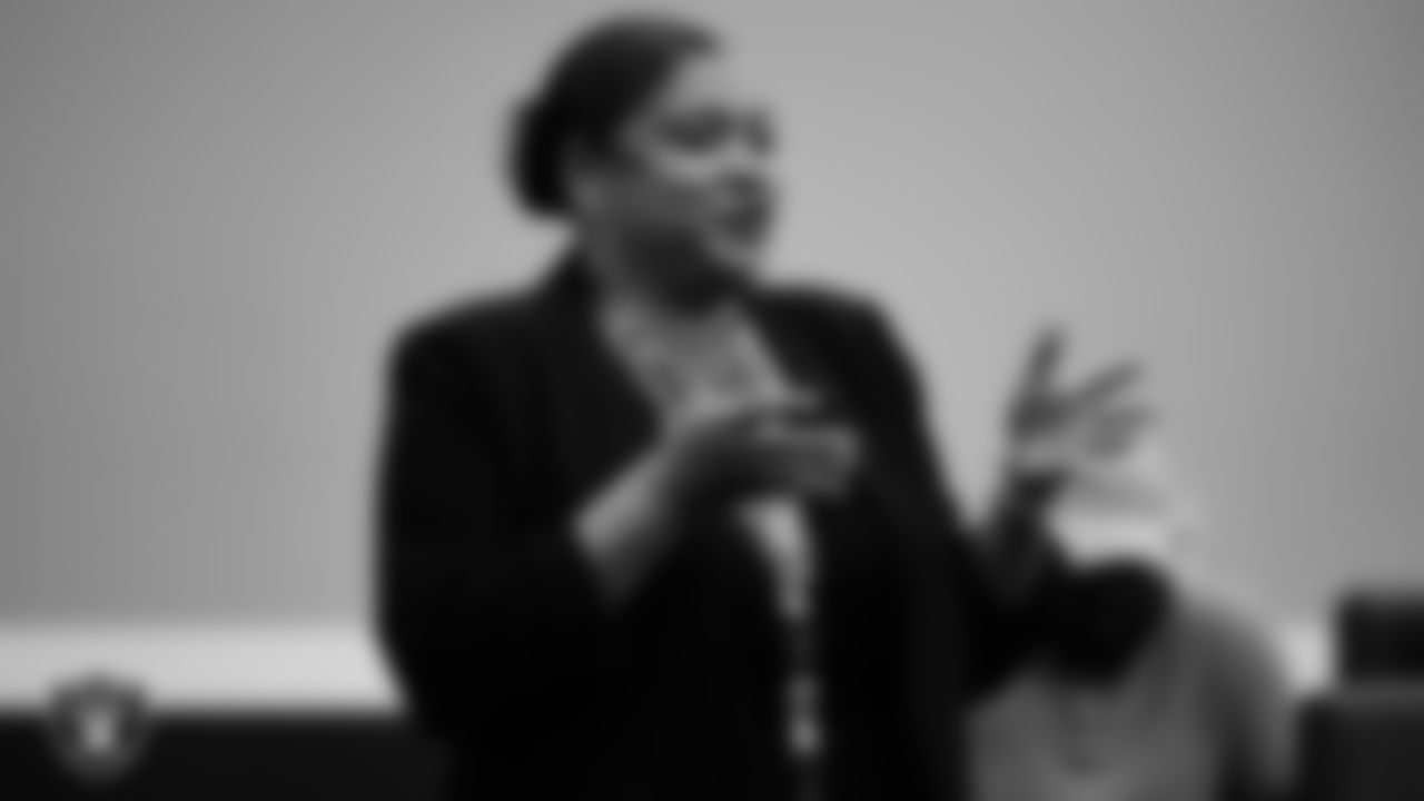 Las Vegas Raiders vice president of government relations Piper Overstreet-White speaks to panelists during the Raiders Advocacy & Allyship Pride Panel at the Las Vegas Raiders Headquarters.