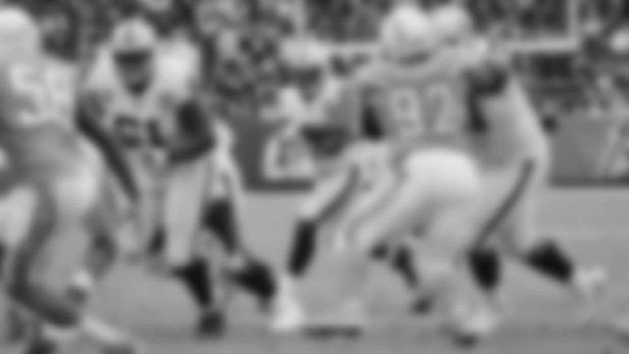 Raiders center Rodney Hudson (61) and running back Jalen Richard (30) during the regular season game against the Los Angeles Chargers at ROKiT Field at Dignity Health Sports Park.
