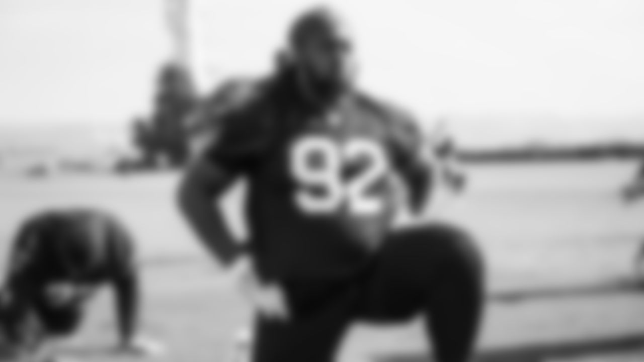 Raiders defensive tackle P.J. Hall (92) warms up during practice at the Raiders Practice Facility.