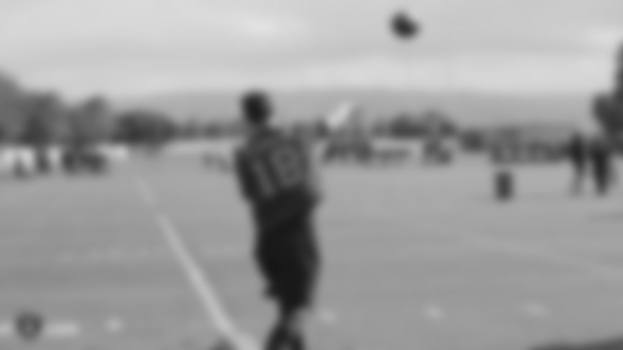 Raiders quarterback Nathan Peterman (18) at a workout during phase two of the offseason program at the Raiders Practice Facility, in Alameda, Calif.