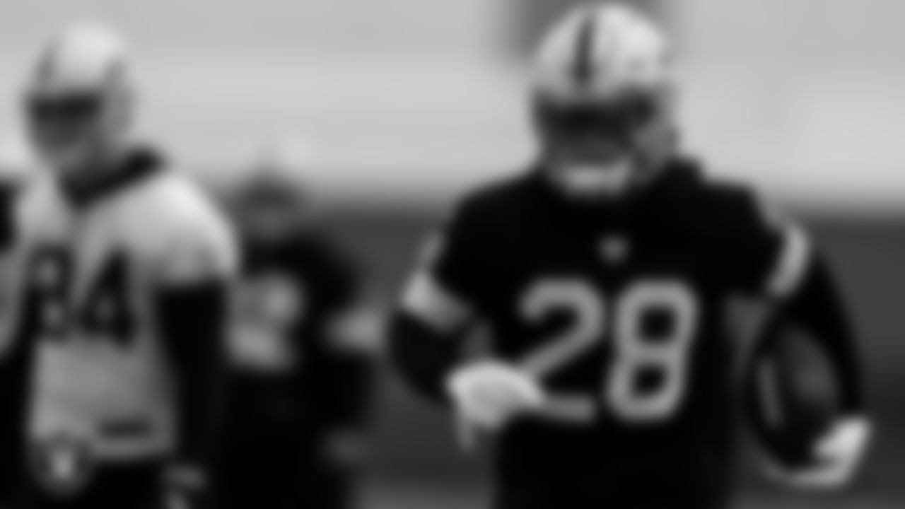 Las Vegas Raiders running back Josh Jacobs (28) during practice at Intermountain Healthcare Performance Center.