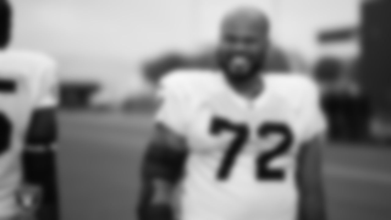 Las Vegas Raiders guard/tackle Jermaine Eluemunor (72) on the field for practice at 2023 Training Camp at Intermountain Health Performance Center.