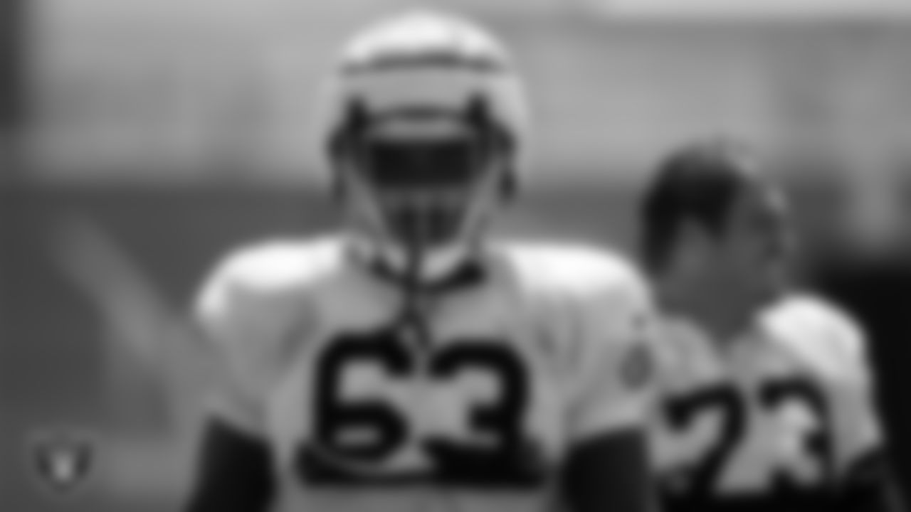 Las Vegas Raiders guard McClendon Curtis (63) on the field for practice at 2023 Training Camp at Intermountain Health Performance Center.