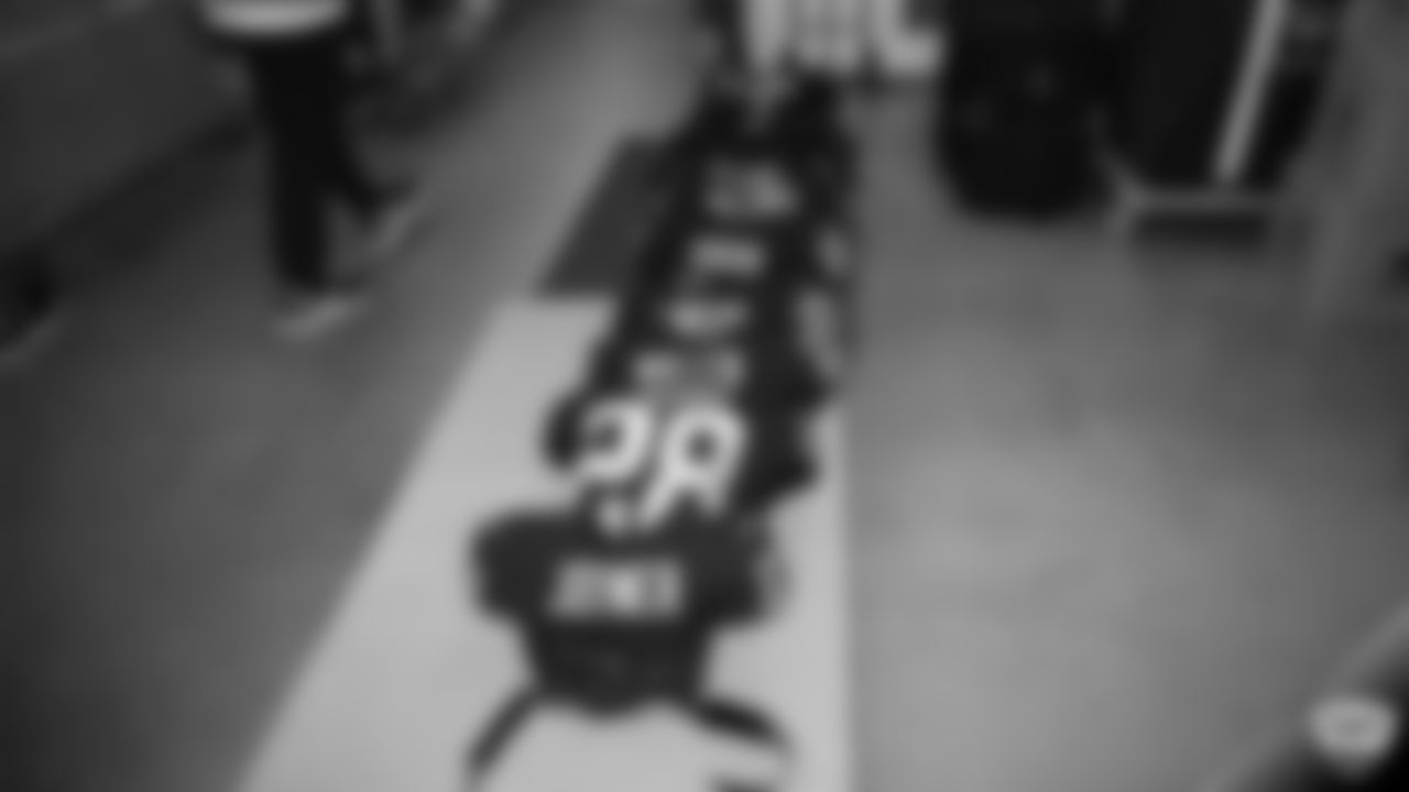 Raiders pads and jersey in the locker room before practice at 2019 Training Camp.