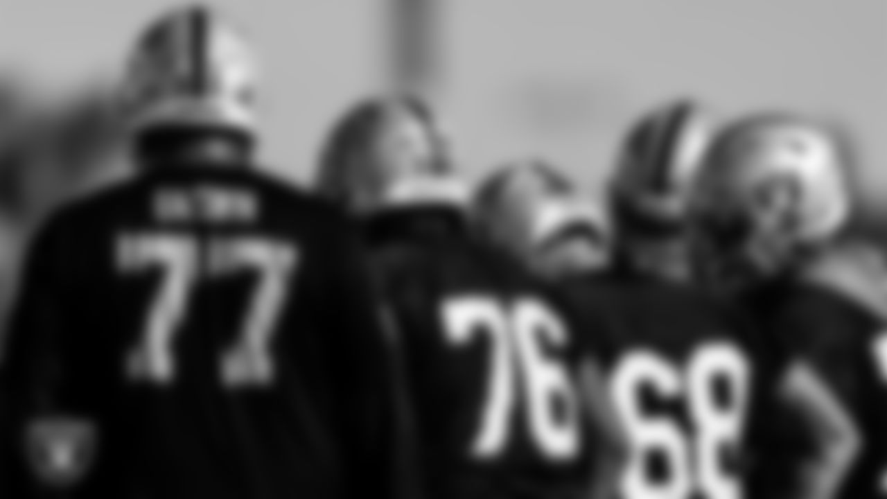 Las Vegas Raiders tackle Trent Brown (77), guard John Simpson (76) and offensive lineman Andre James (68) during practice at Intermountain Healthcare Performance Center.