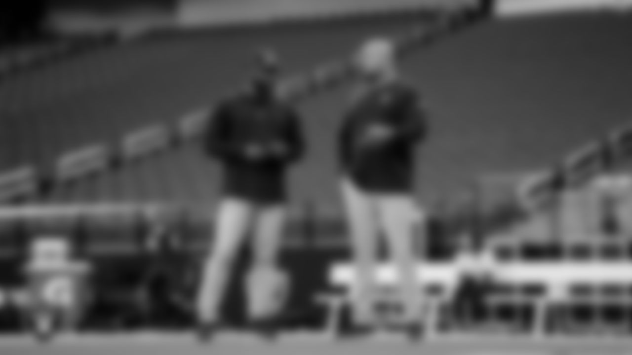 Las Vegas Raiders defensive quality control coach Keith Heyward and linebackers coach Antonio Pierce before the regular season home game against the Pittsburgh Steelers at Allegiant Stadium.