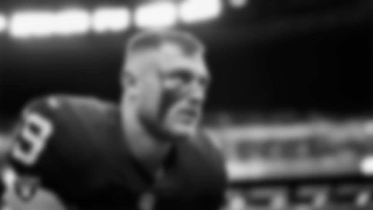 Las Vegas Raiders linebacker Luke Masterson (59) warming up before the regular season home game against the Indianapolis Colts at Allegiant Stadium.