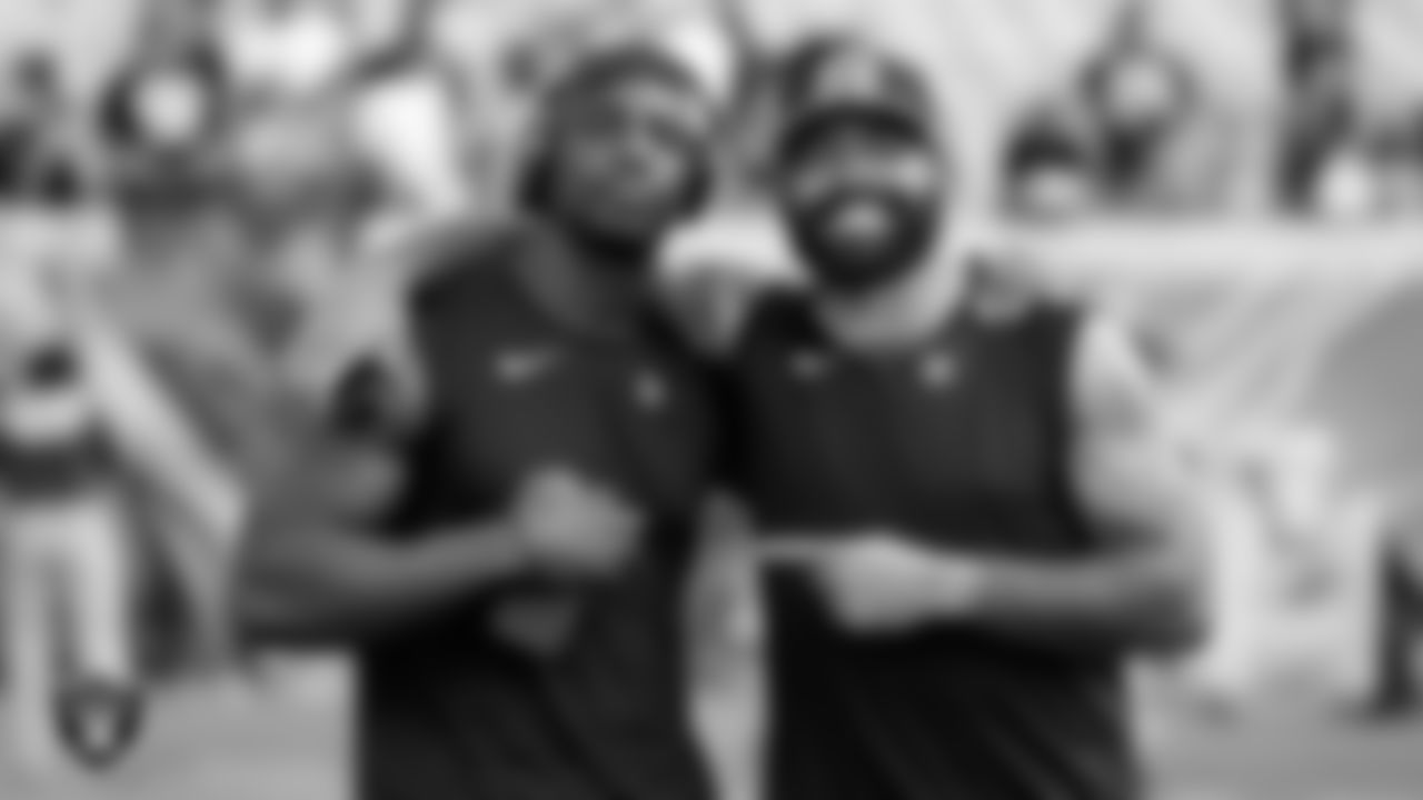 Las Vegas Raiders safety Duron Harmon (30) and safety Matthias Farley (41) warming up before the regular season away game against the Jacksonville Jaguars at TIAA Bank Field.