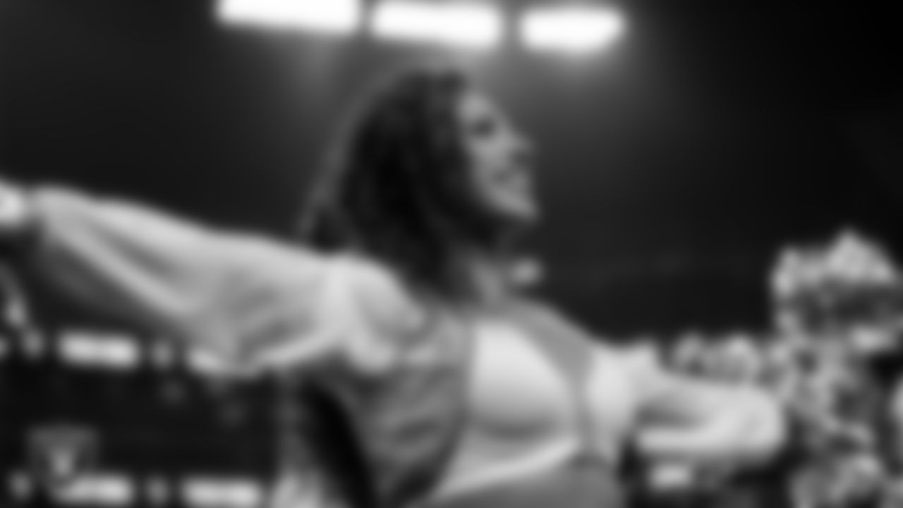 Raiderette Lexie on the sidelines during the regular season home game against the Green Bay Packers at Allegiant Stadium.