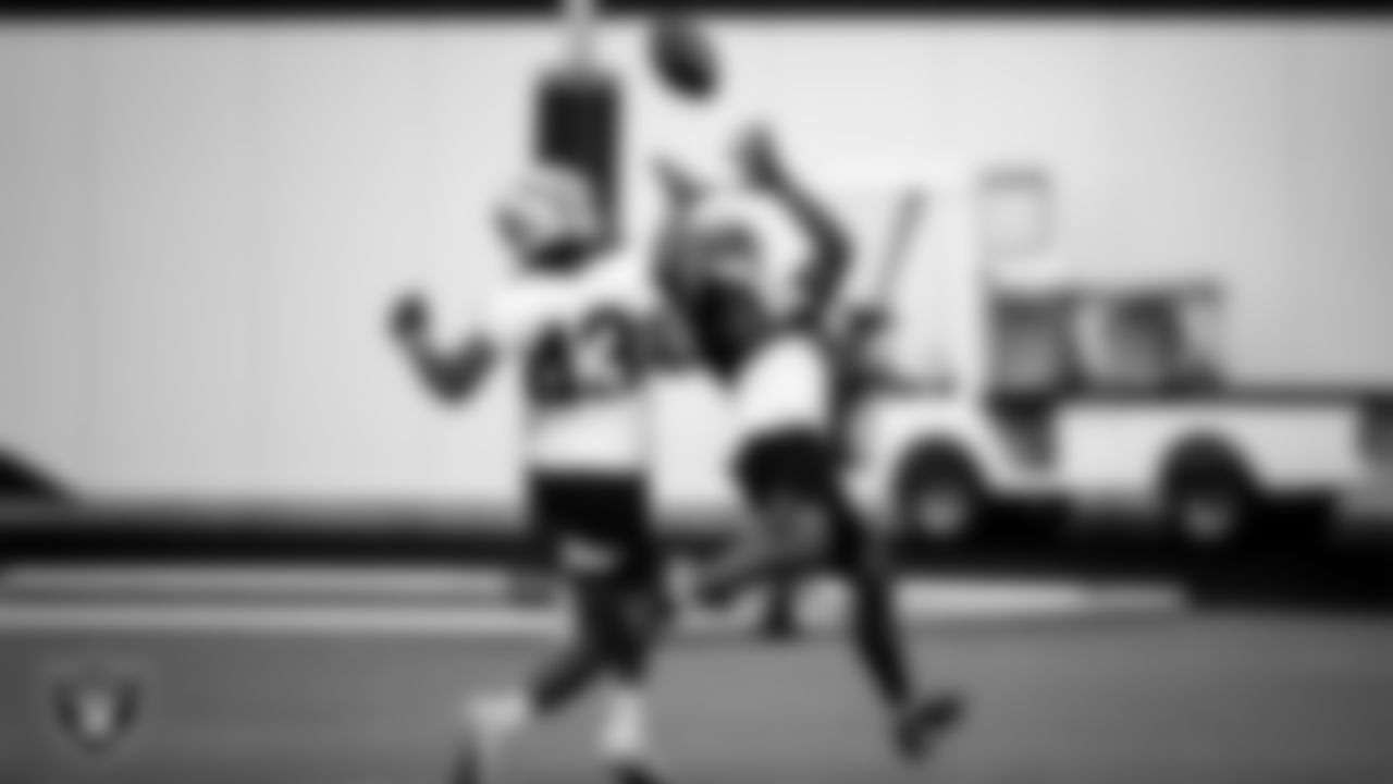 Las Vegas Raiders defensive back Madre Harper (43) and wide receiver Rico Gafford (10) during practice.