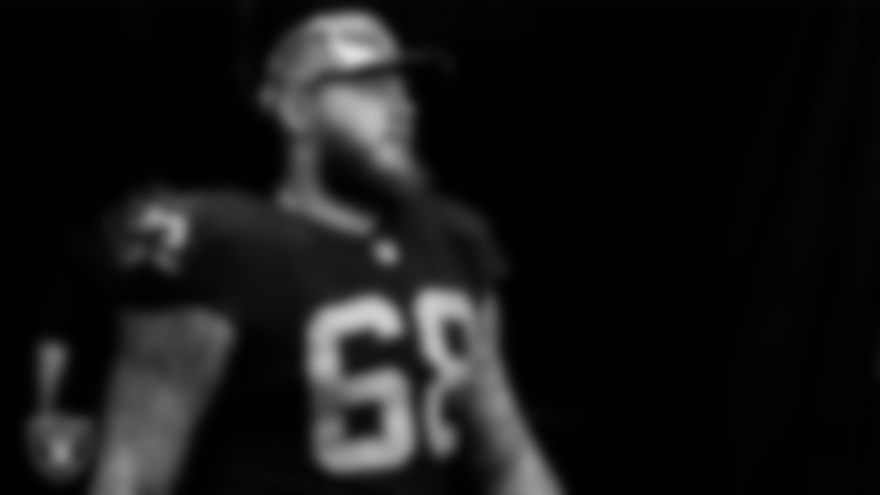 Las Vegas Raiders center Andre James (68) returns to the field following the halftime break during the preseason home game against the Minnesota Vikings at Allegiant Stadium.