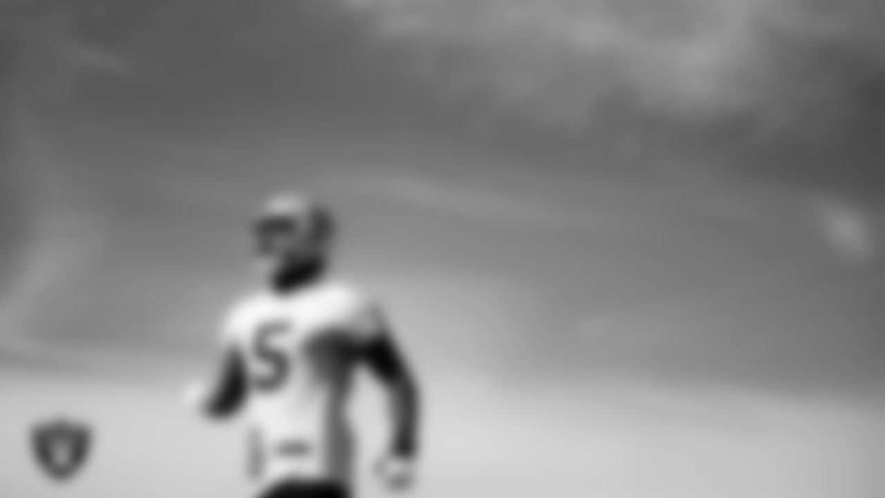 Las Vegas Raiders linebacker Divine Deablo (5) during practice at Intermountain Healthcare Performance Center.