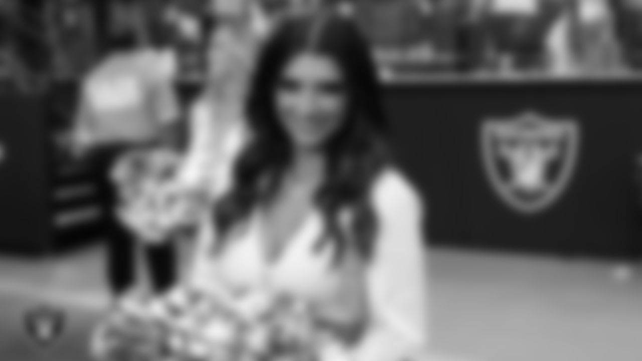 Raiderette Kylee on the sidelines during the regular season home game against the Arizona Cardinals at Allegiant Stadium.
