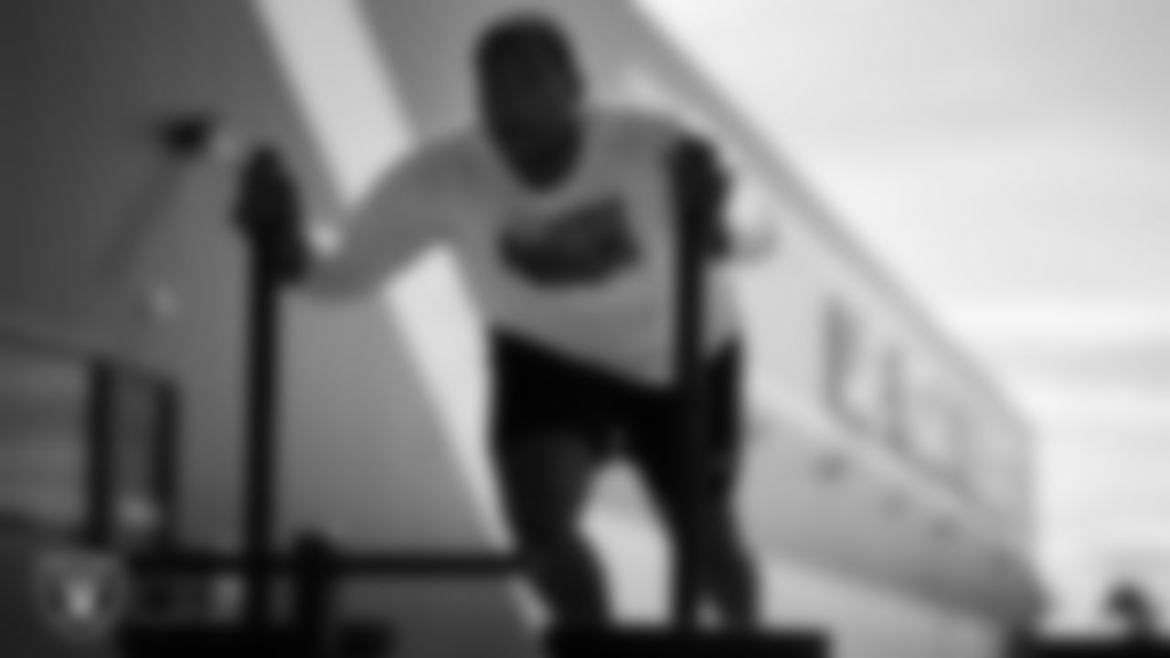 Las Vegas Raiders offensive lineman Justin Murray (67) at a workout during phase two of the offseason program at Intermountain Health Performance Center.