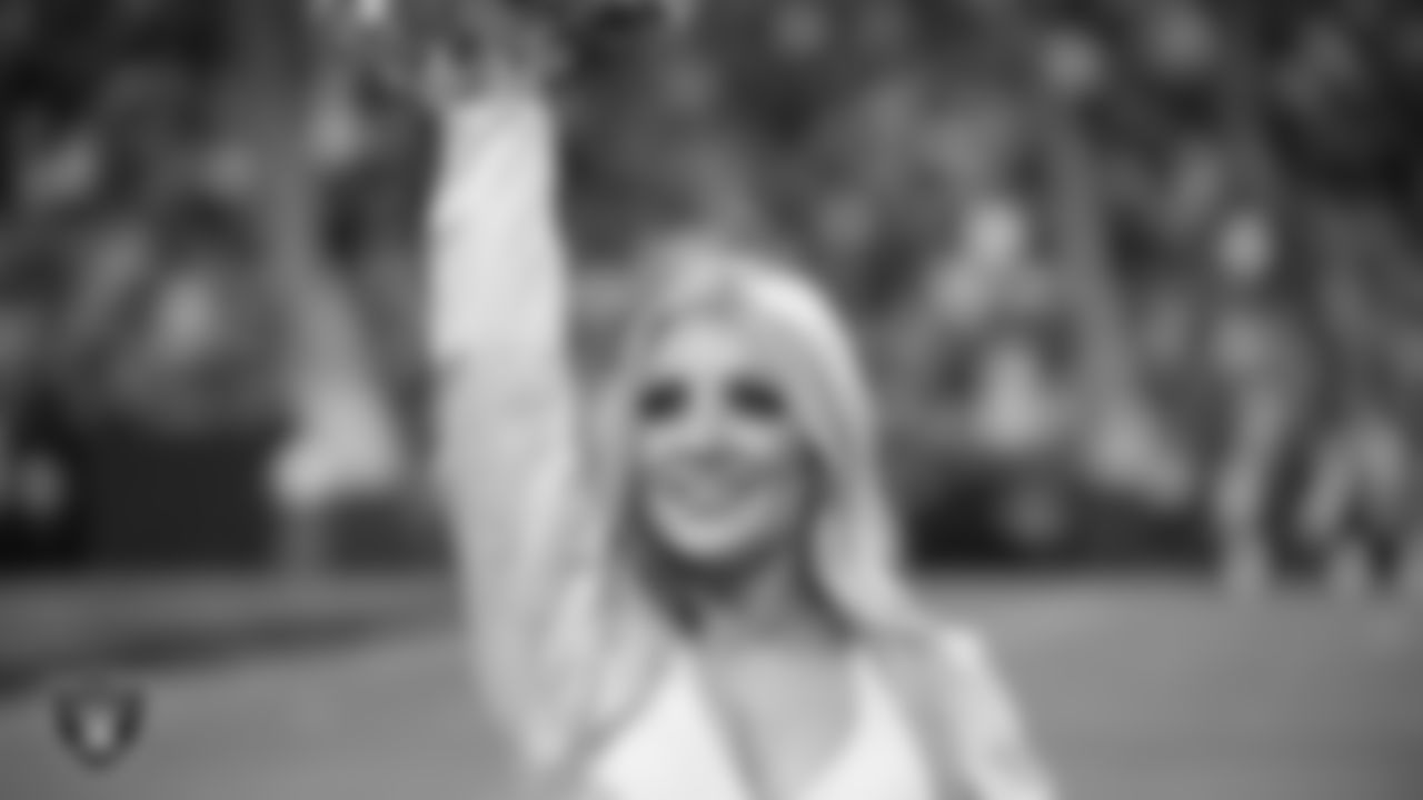 Raiderette Melody on the sidelines during the regular season home game against the Los Angeles Chargers at Allegiant Stadium.