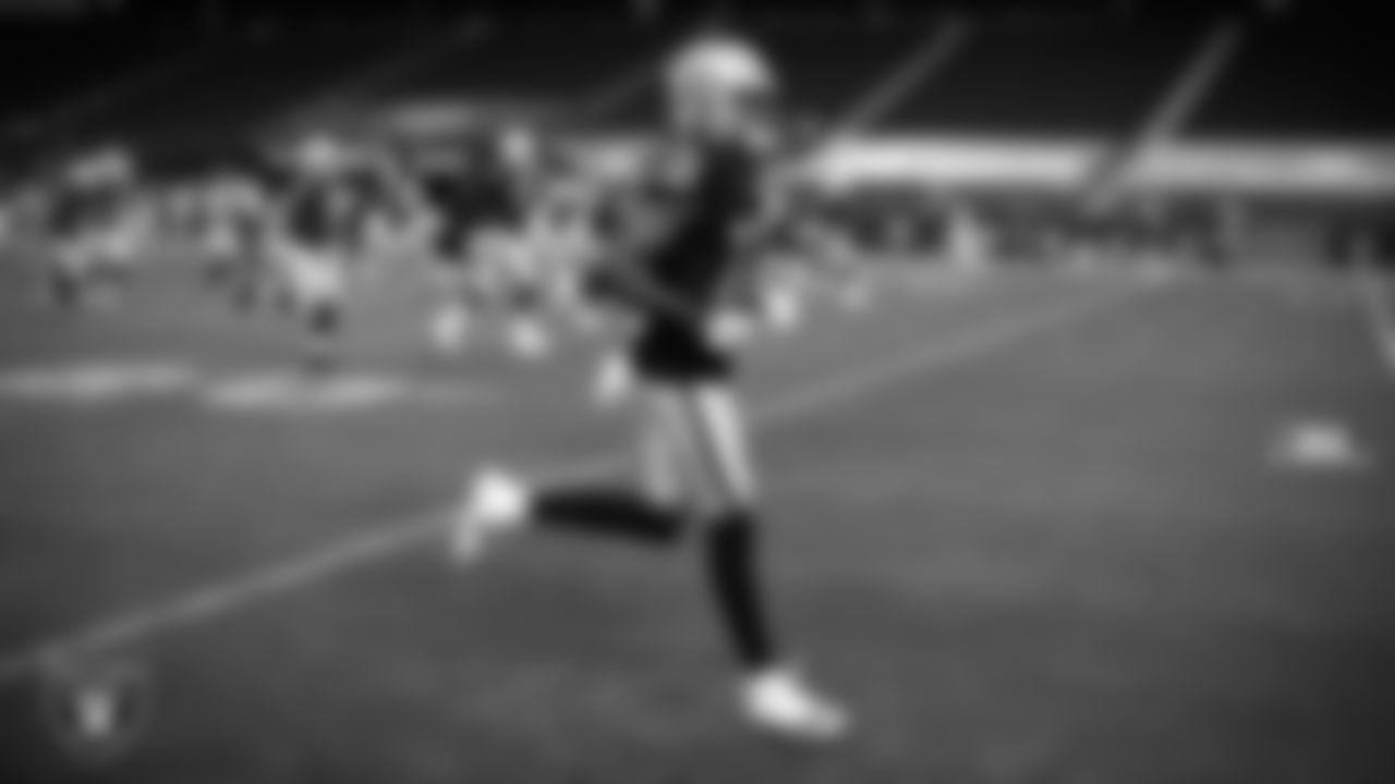 Las Vegas Raiders wide receiver Zay Jones (12) warming up before the regular season home game against the Los Angeles Chargers.