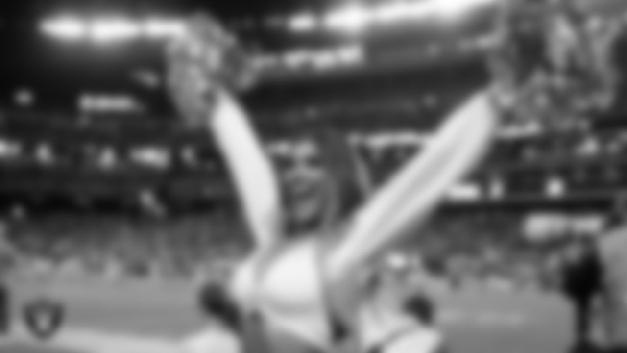 Raiderette Bree on the sidelines during the regular season home game against the Los Angeles Chargers at Allegiant Stadium.