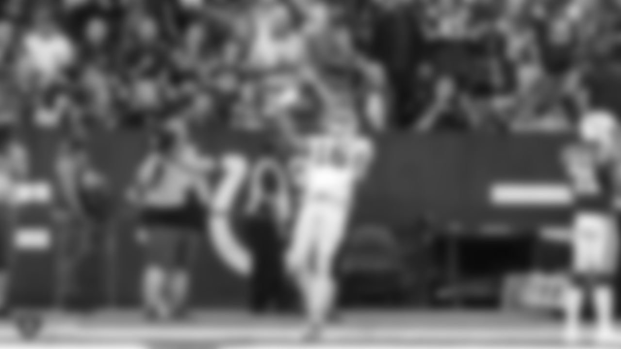 Raiders wide receiver Tyrell Williams (16) celebrates after making a a 19-yard touchdown reception during the Raiders regular season game against the Indianapolis Colts.