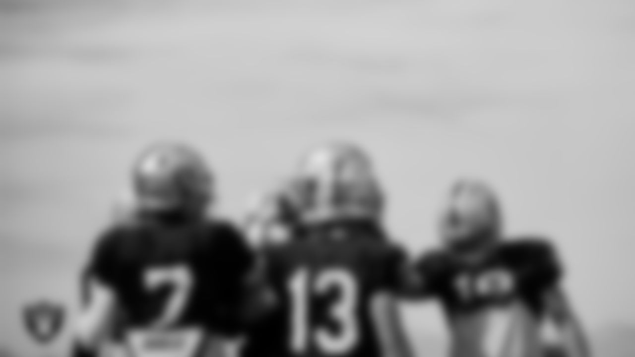 The Las Vegas Raiders wide receivers huddle during practice at Intermountain Healthcare Performance Center.