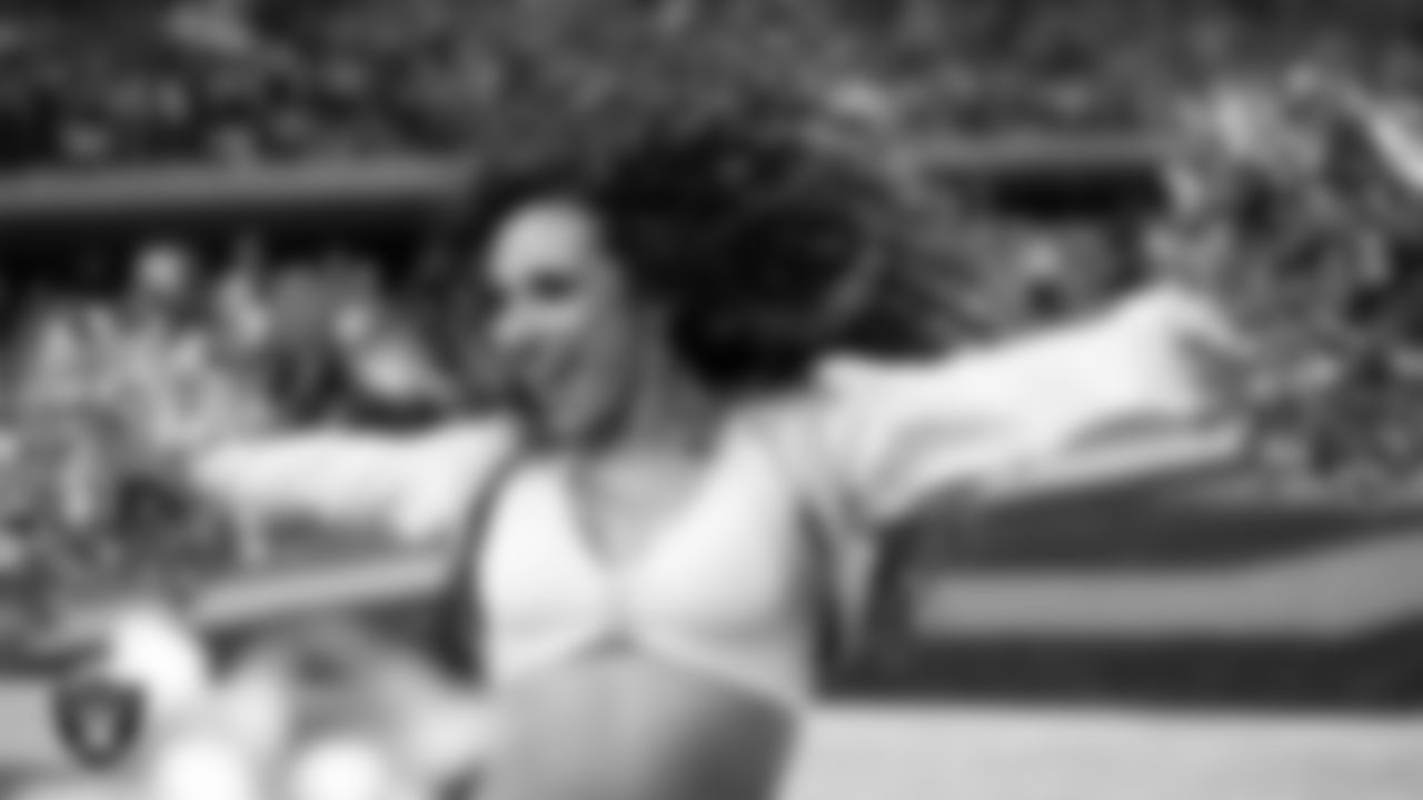 Raiderette Lexie on the sidelines during the regular season home game against the Los Angeles Chargers at Allegiant Stadium.