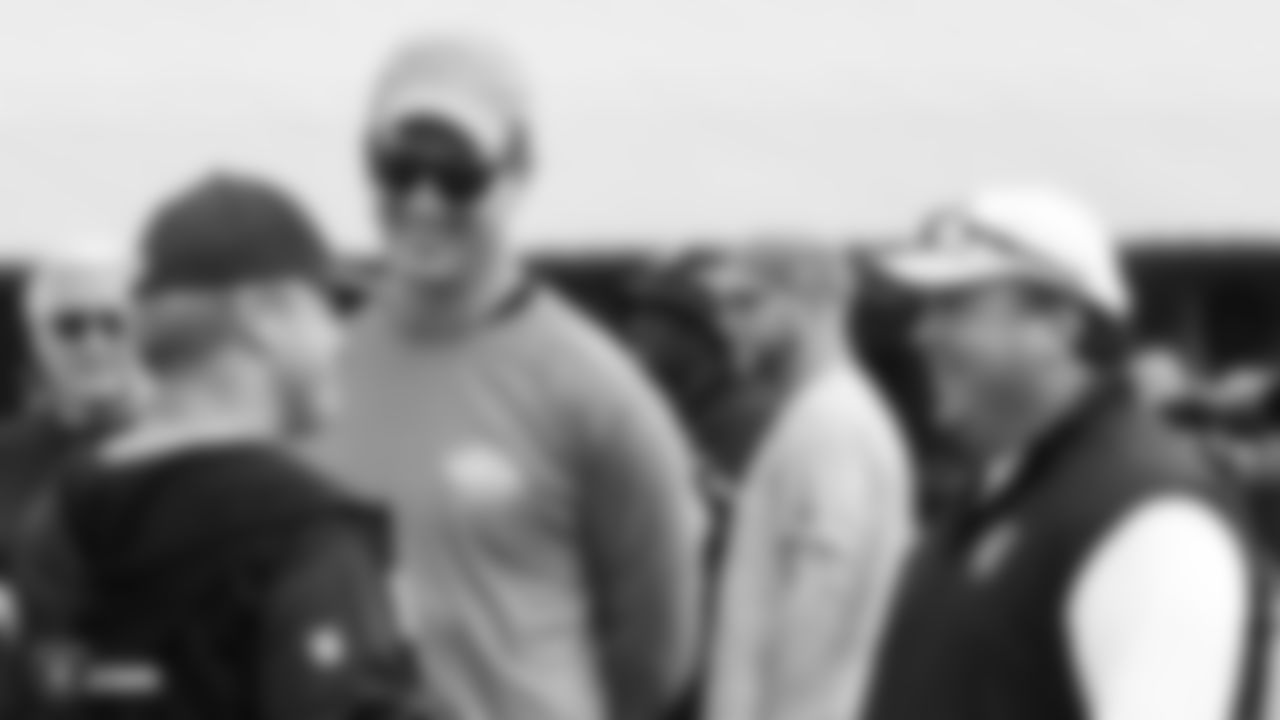 Oakland Raiders head coach Jon Gruden, defensive coordinator Paul Guenther, and former NFL quarterback Peyton Manning on the field for practice at 2018 Training Camp at The Oakland Raiders Napa Valley Training Complex, Thursday, August 2, 2018, in Napa, California.