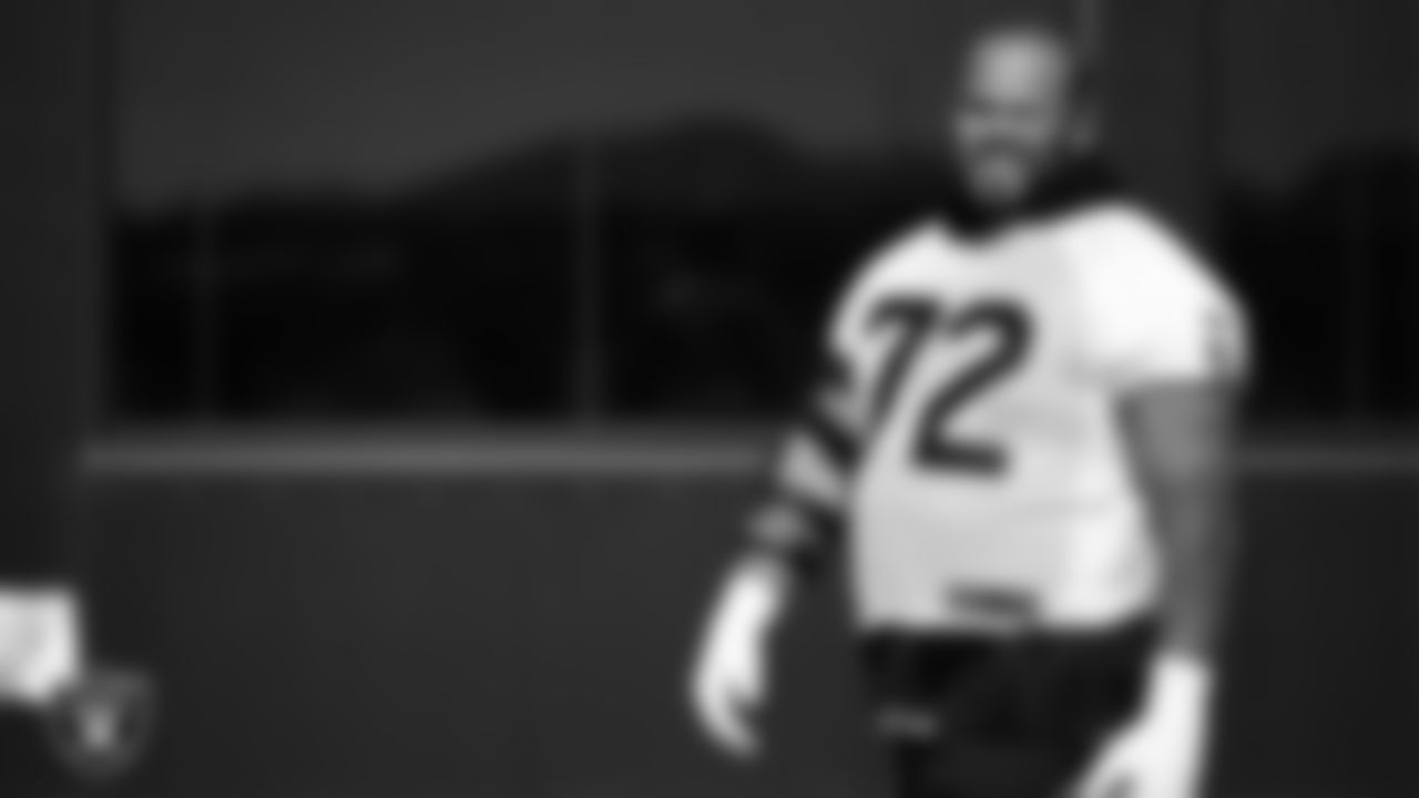 Las Vegas Raiders guard/tackle Jermaine Eluemunor (72) during practice at Intermountain Health Performance Center.