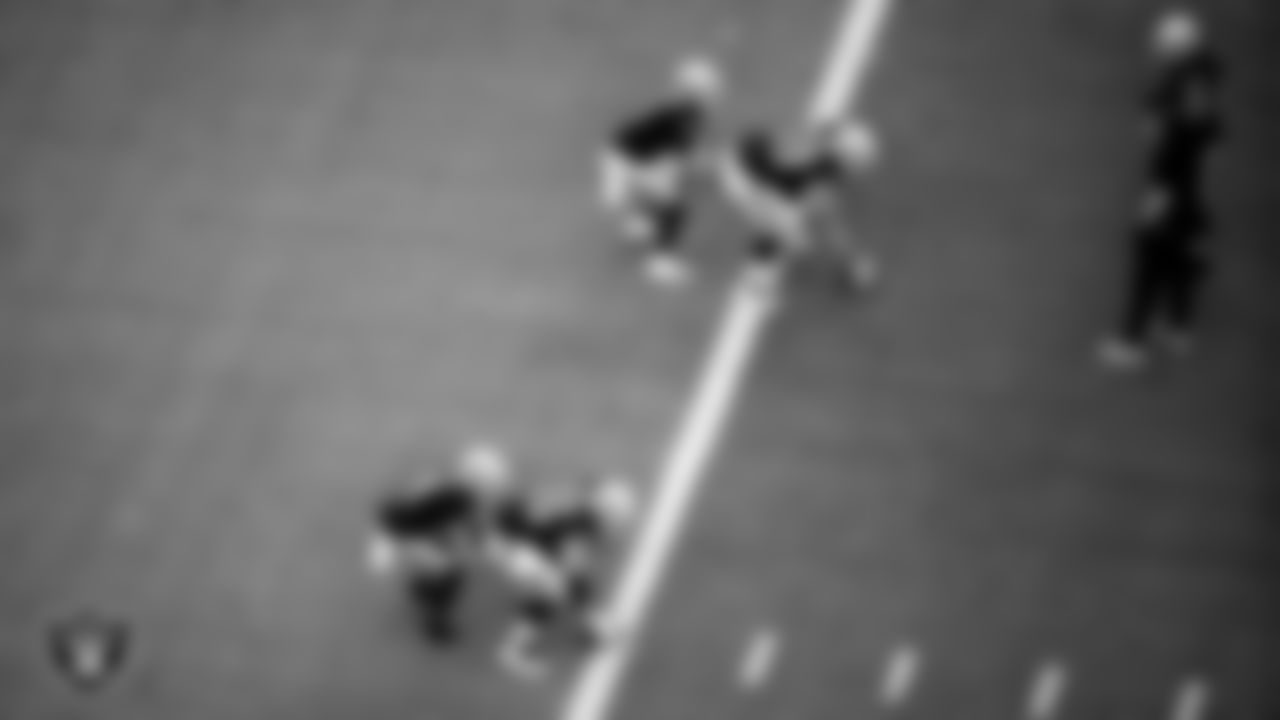 Las Vegas Raiders quarterback Derek Carr (4), offensive lineman Jordan Devey (65), quarterback Nathan Peterman (3) and offensive lineman Eric Kush (69) on the field for practice at 2020 Training Camp.
