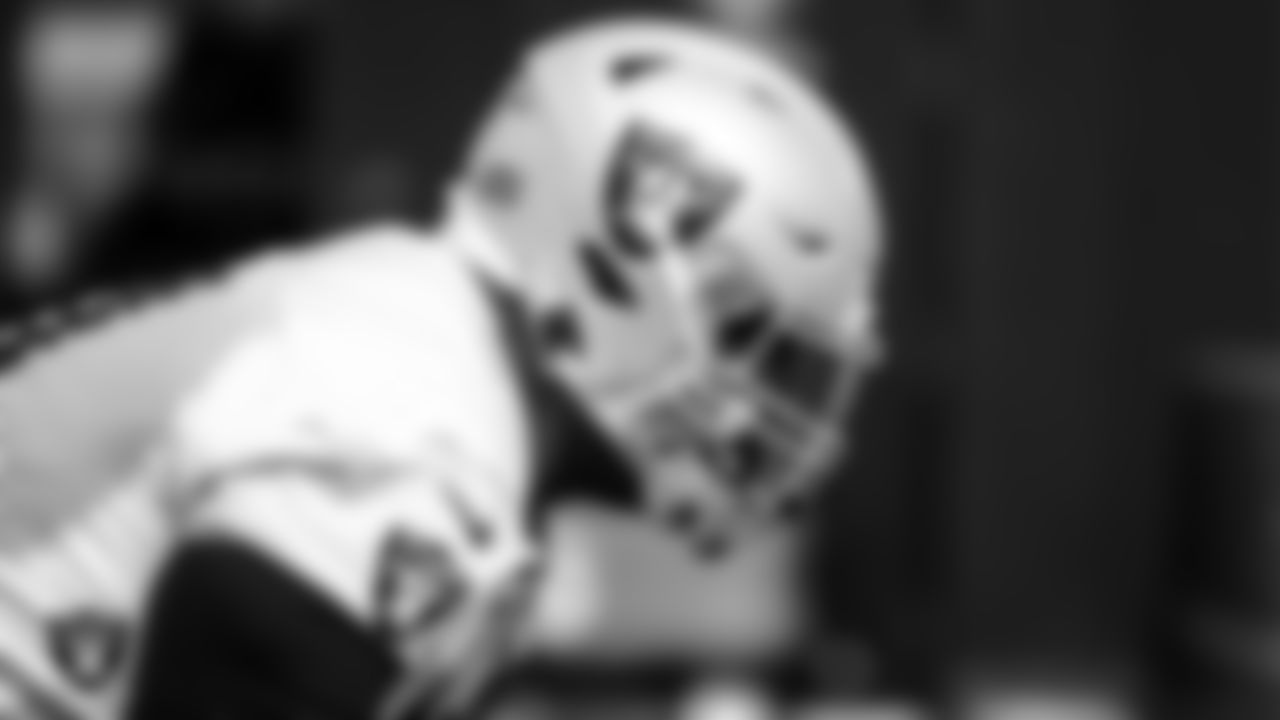Las Vegas Raiders tackle Denzelle Good (71) during practice.